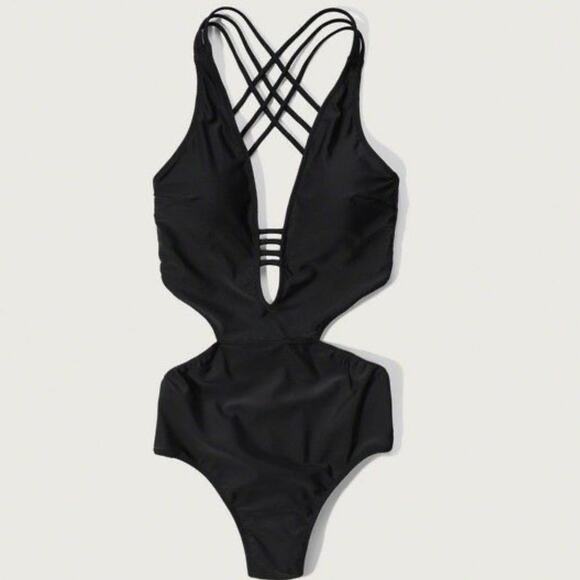 NWT Abercrombie & Fitch High Cut Strappy Black One Piece Swimsuit Size Small - Picture 1 of 7